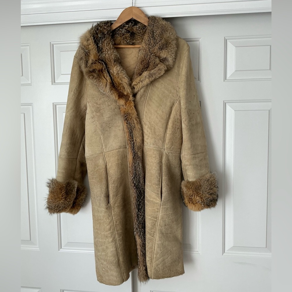 Vintage Reilly Olmes Beige Shearling Fox Fur-Trimmed Coat L